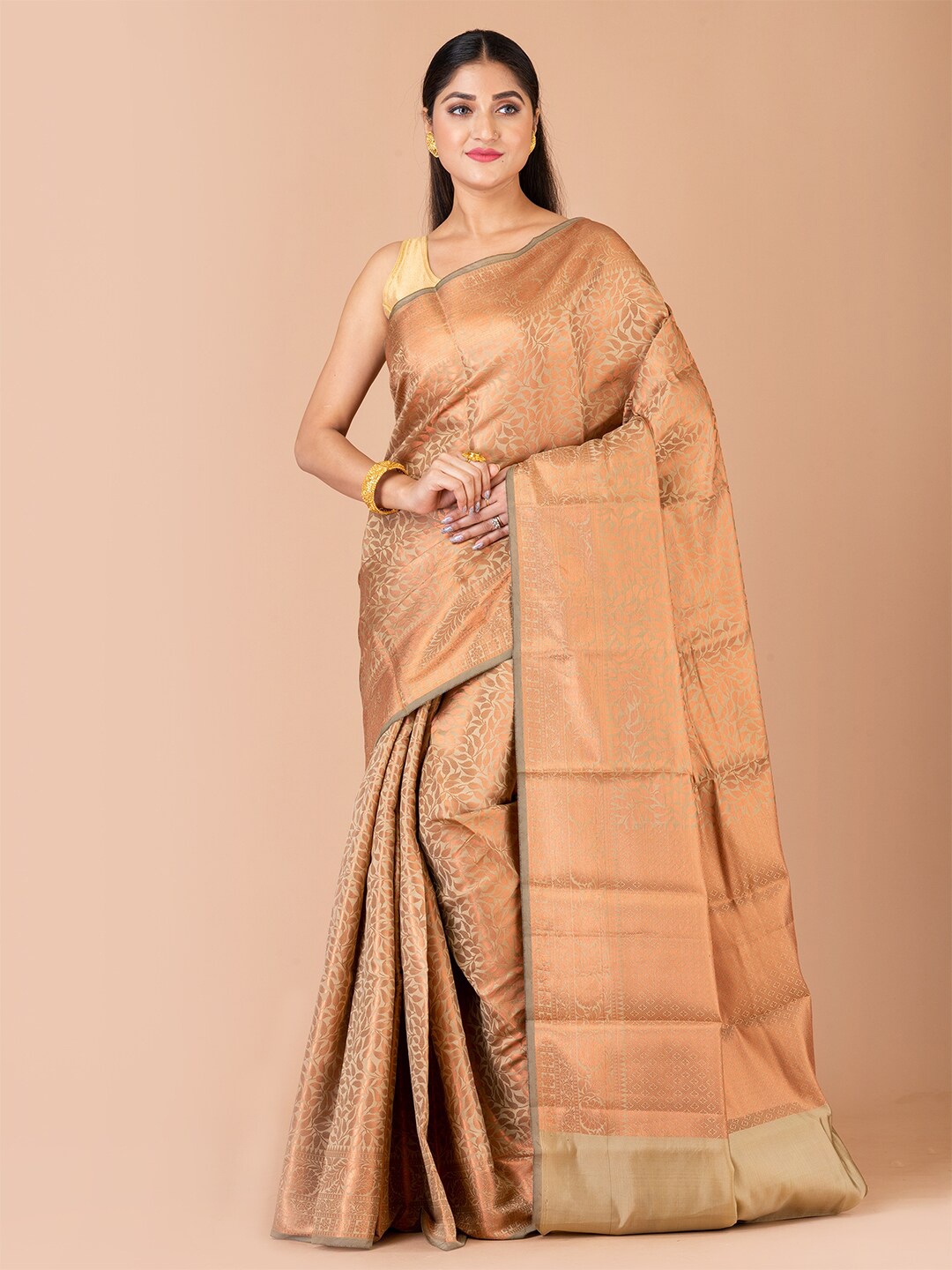 

Laa Calcutta Floral Motif Woven Design Zari Banarasi Silk Saree, Beige