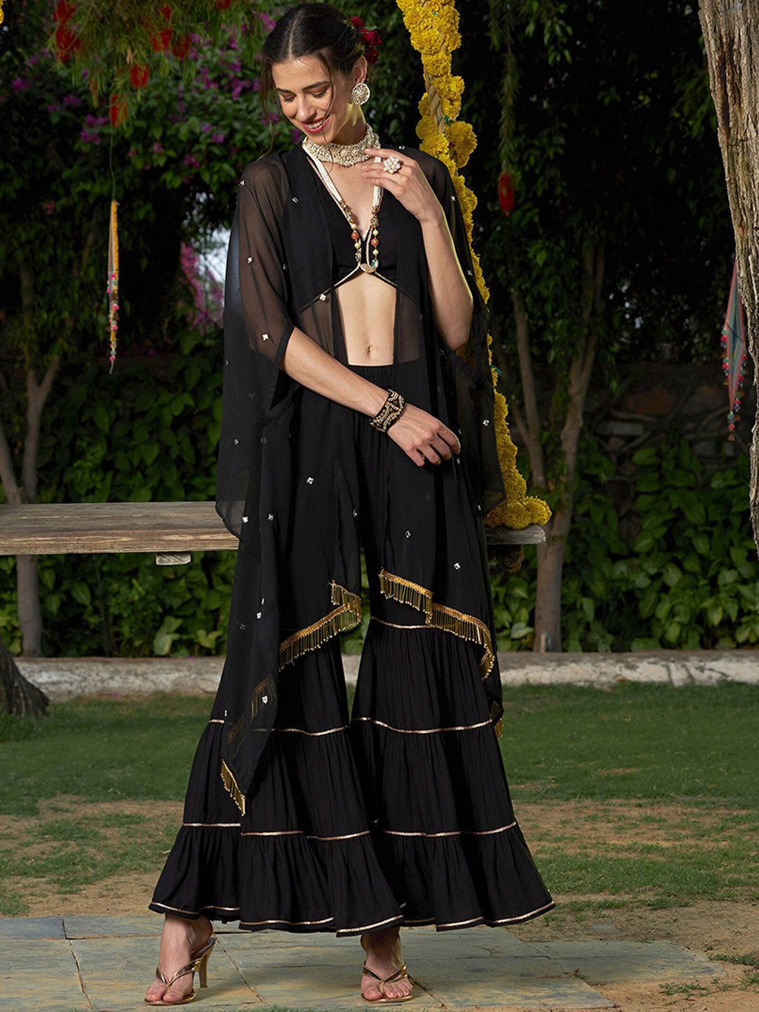

Shae by SASSAFRAS Crop Top With Tiered Sharara Co-Ords Comes With Shrug, Black