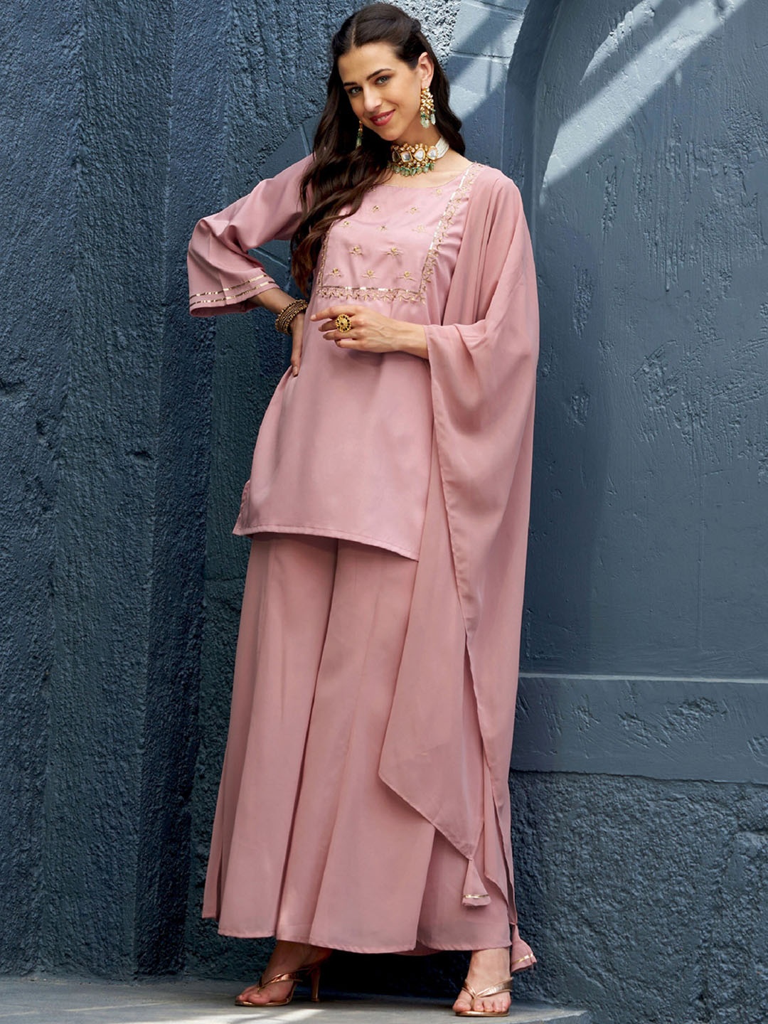 

Shae by SASSAFRAS Floral Yoke Design Kurta with Palazzos & With Dupatta, Pink