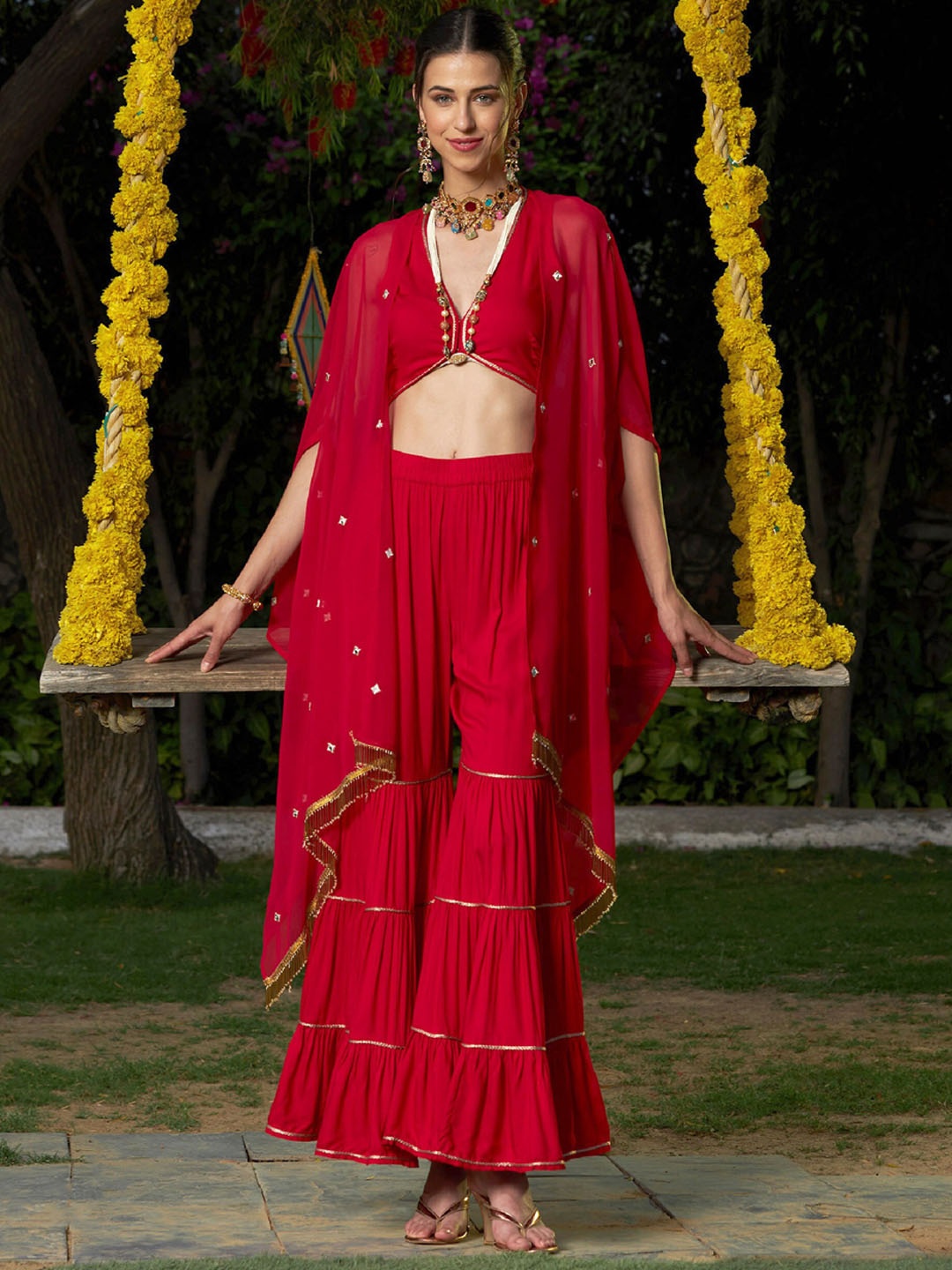 

Shae by SASSAFRAS V-Neck Sleeveless Cropped Top & Sharara With Long Shrug Co-Ords, Red