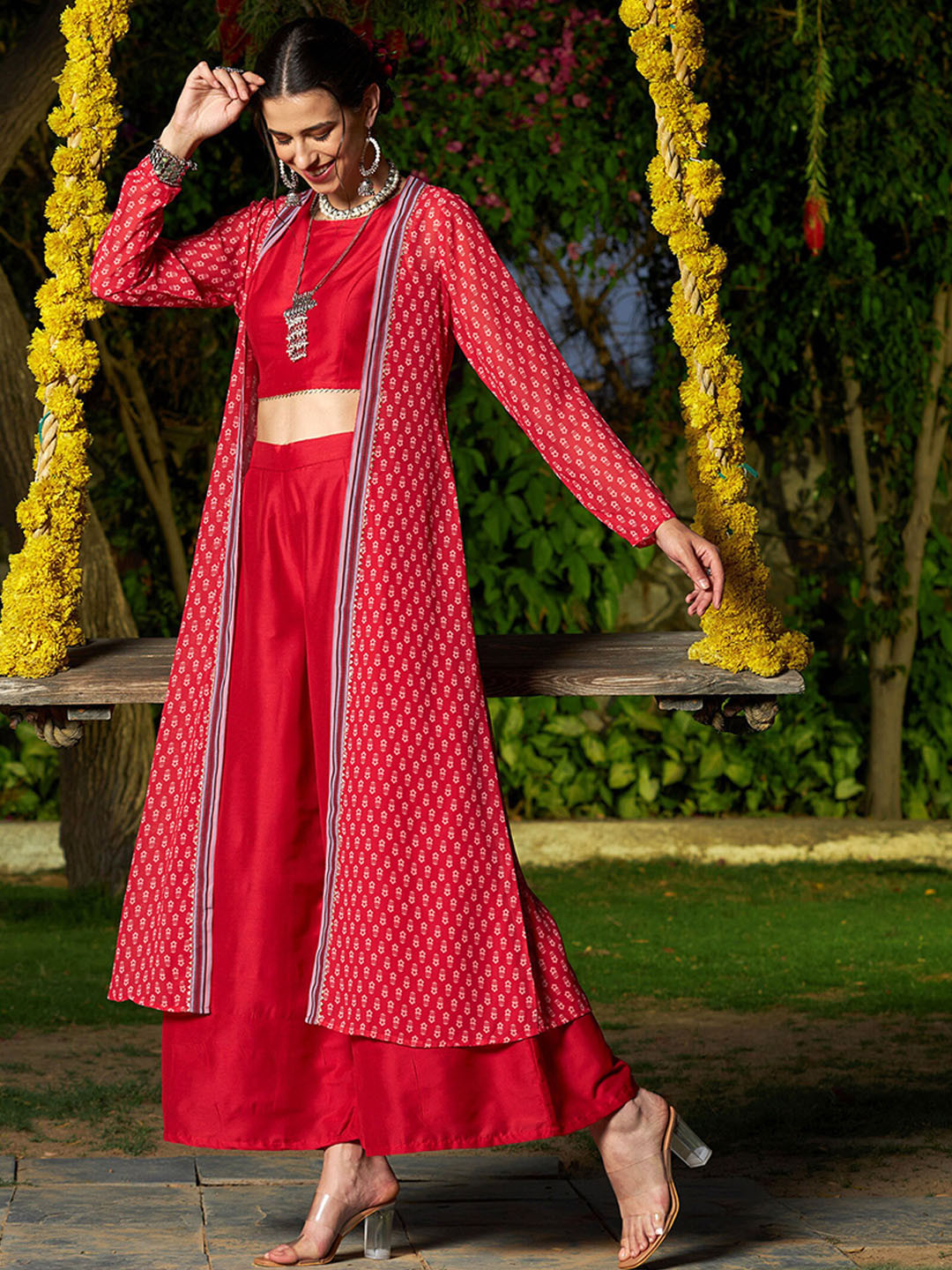 

Shae by SASSAFRAS Crop Top With Palazzo Co-Ords Comes With Shrug, Red