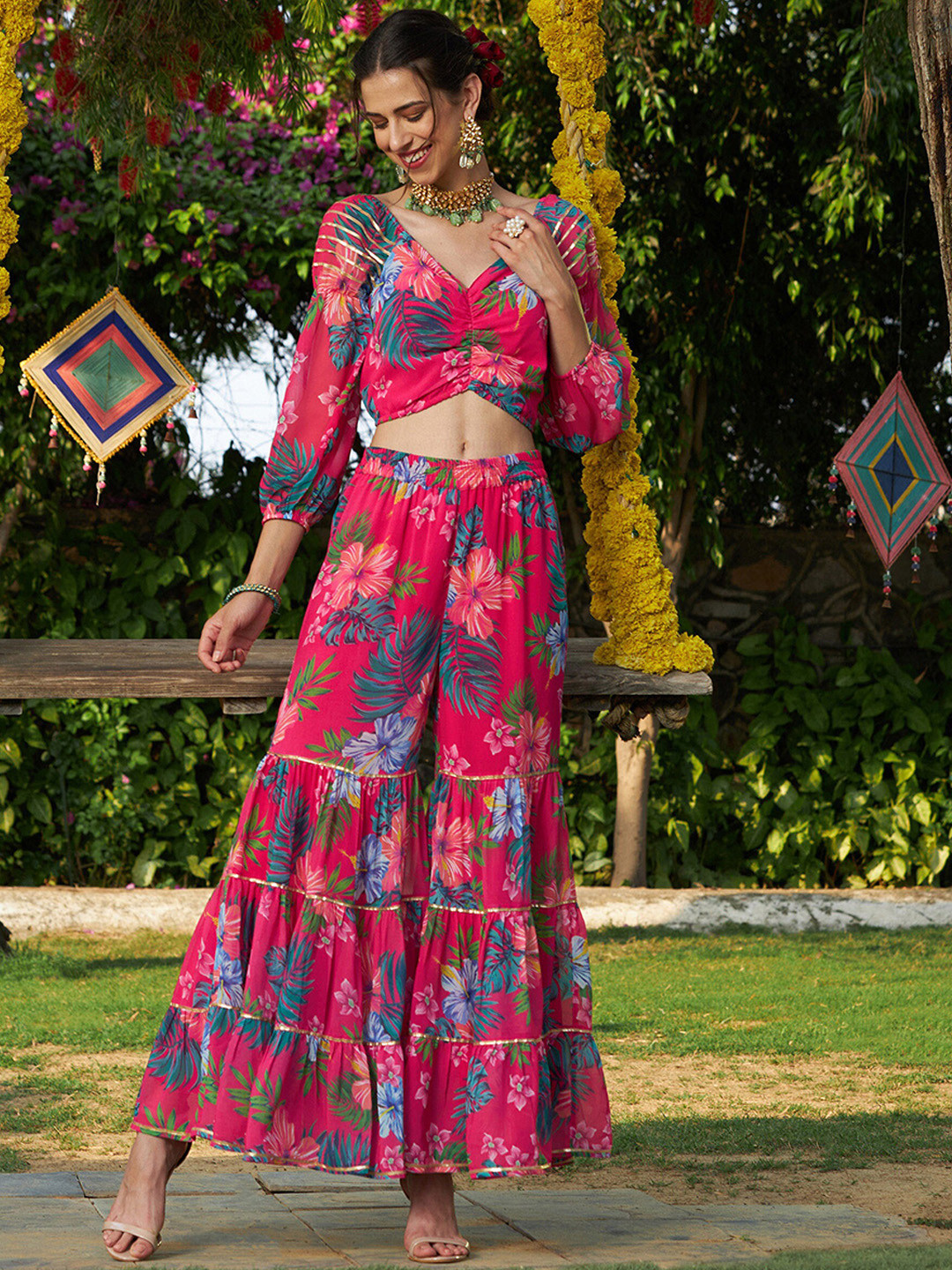 

Shae by SASSAFRAS Floral Printed Crop Top With Tiered Sharara Co-Ords, Pink
