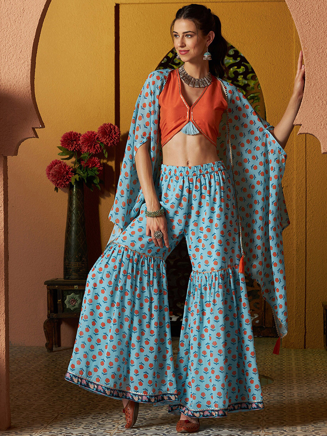 

Shae by SASSAFRAS Crop Top With Sharara Co-Ords Comes With Shrug, Blue