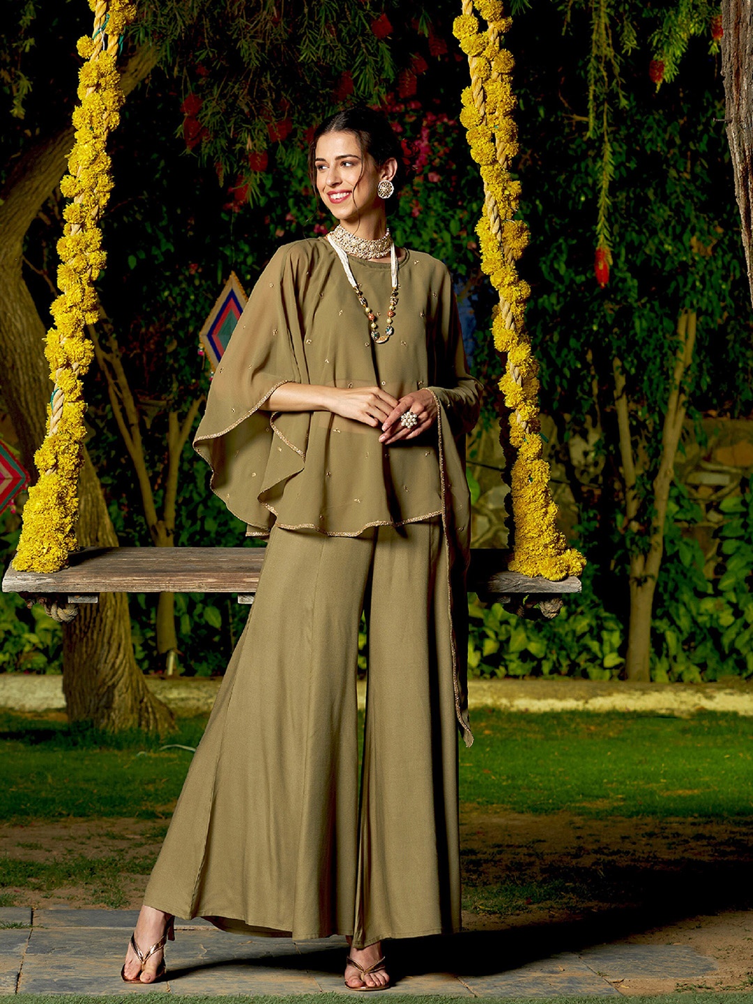 

Shae by SASSAFRAS Crop Top With Palazzo Co-Ords Comes With Asymmetric Shrug, Olive