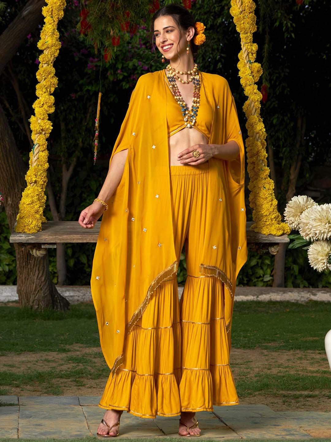 

Shae by SASSAFRAS V-Neck Sleeveless Cropped Top & Sharara With Long Shrug Co-Ords, Yellow