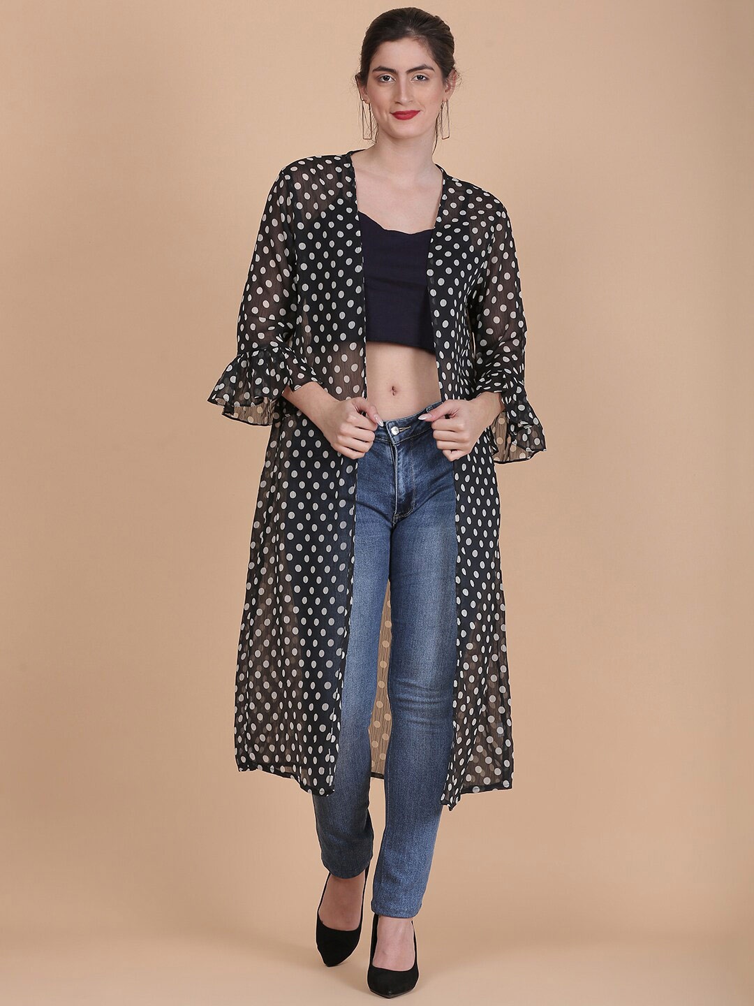

DESI WOMANIYA Women Polka Printed Open Front Longline Shrug, Black