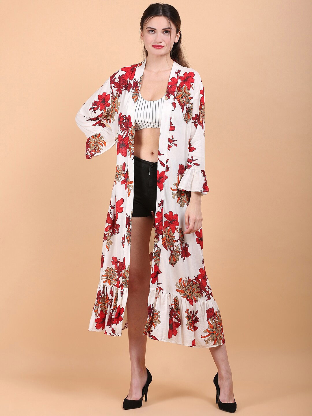 

DESI WOMANIYA Women Floral Printed Open Front Longline Shrug, Cream