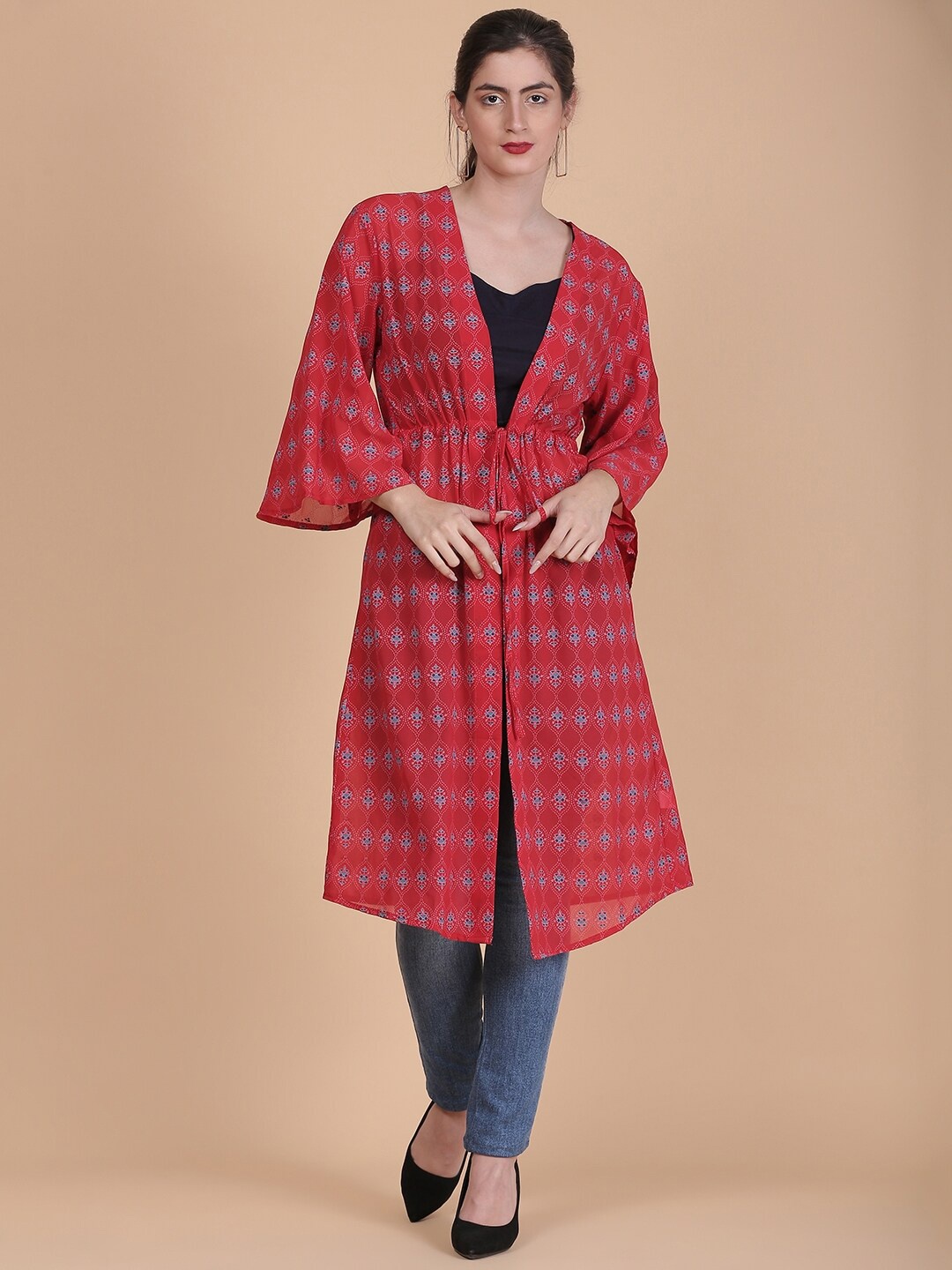 

DESI WOMANIYA Women Printed Longline Ethnic Tie-Up Shrug, Red