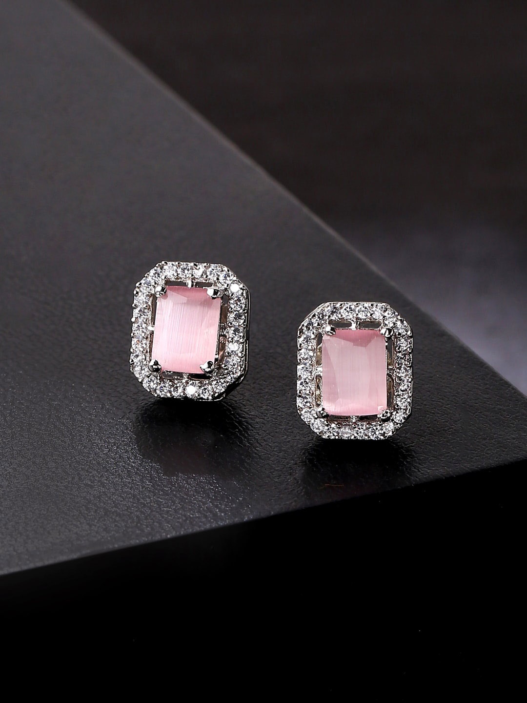 

VIRAASI Silver-Plated American Diamond Square Studs Earrings