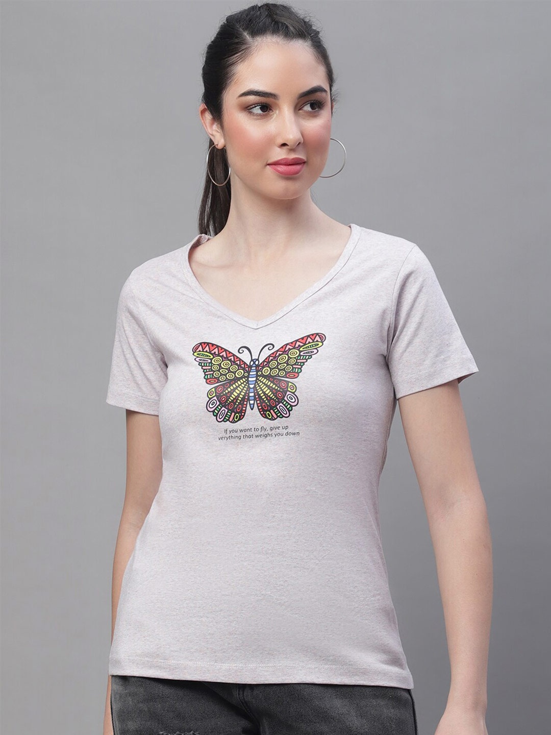 

Rute Graphic Printed V-Neck Cotton T-Shirt, Grey