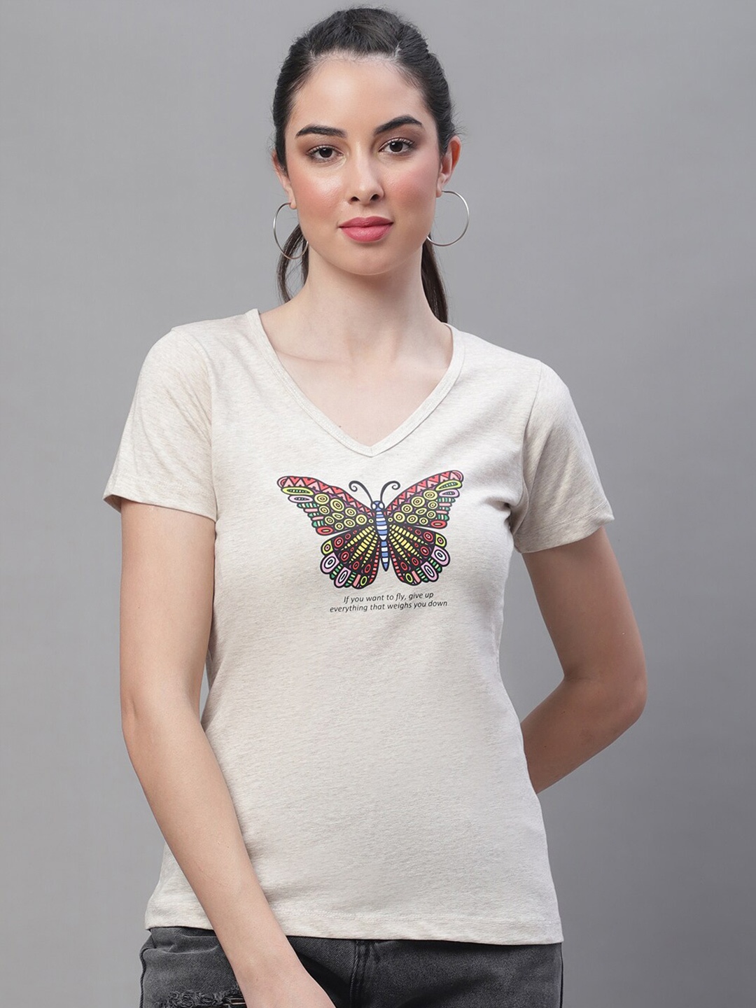 

Rute Graphic Printed V-Neck Cotton T-shirt, Cream