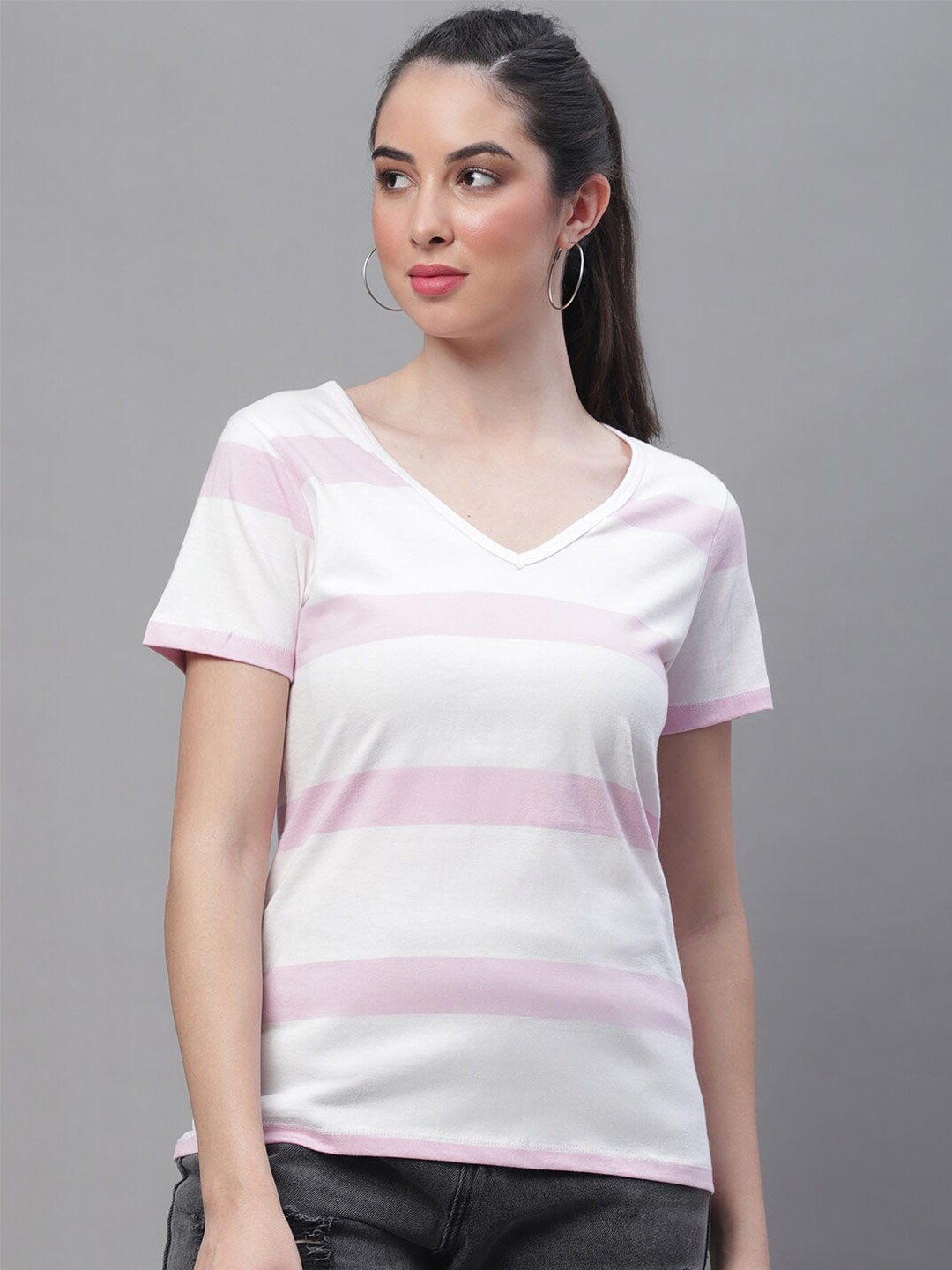 

Rute Horizontal Striped V-Neck Cotton T-Shirt, White