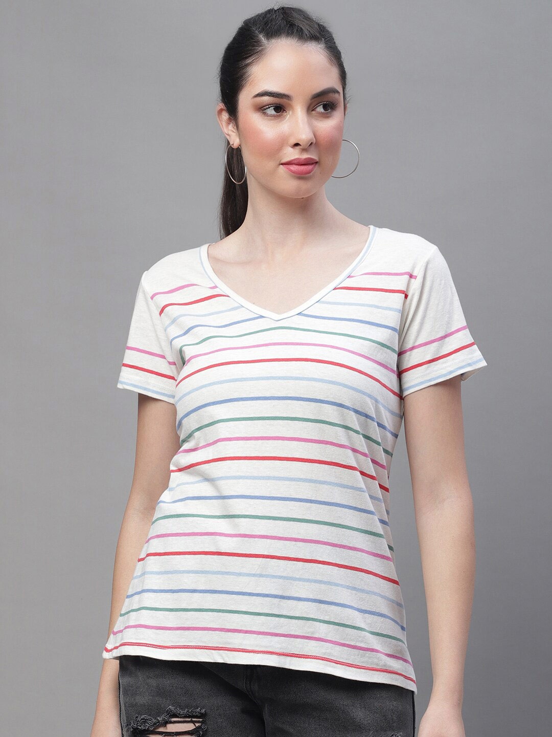 

Rute Striped V-Neck Short Sleeves Cotton T-shirt, White