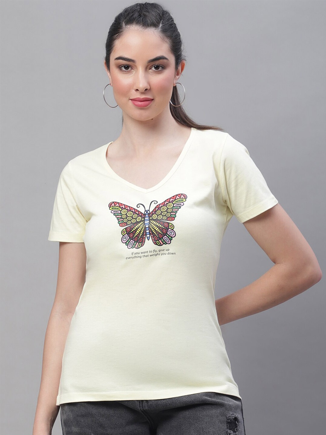 

Rute Graphic Printed V-Neck Cotton T-shirt, Yellow