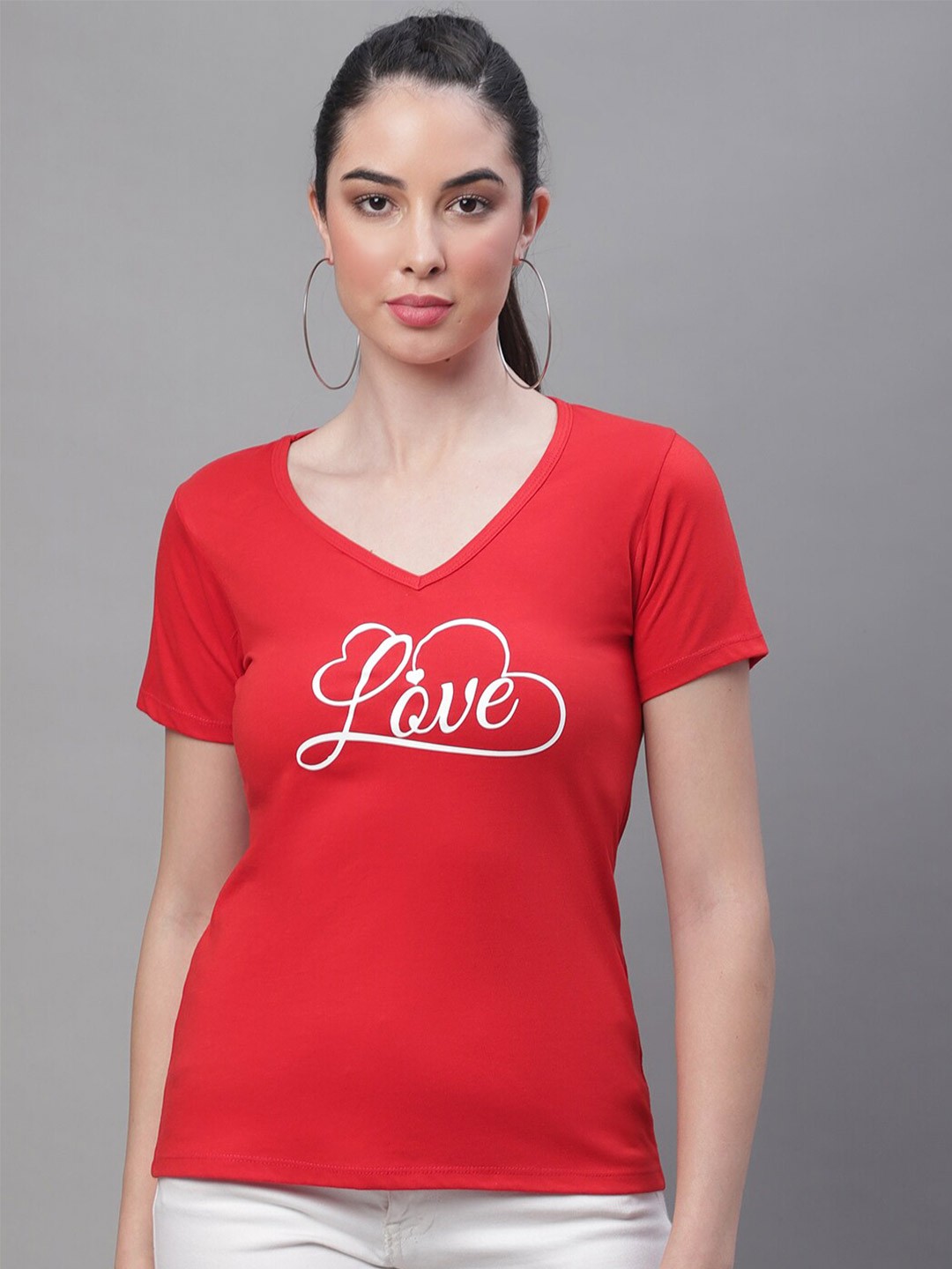 

Rute Typography Printed V-Neck Cotton T-shirt, Red