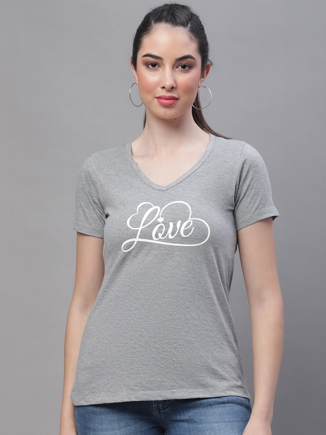 

Rute Typography Printed V-Neck Cotton T-shirt, Grey