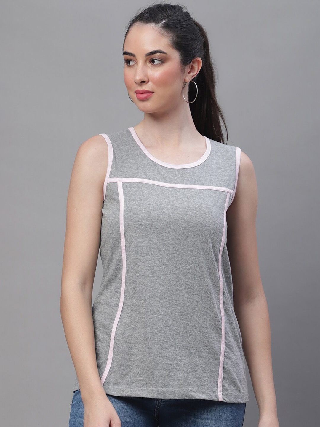 

Rute Round Neck Sleeveless Cotton T-shirt, Grey