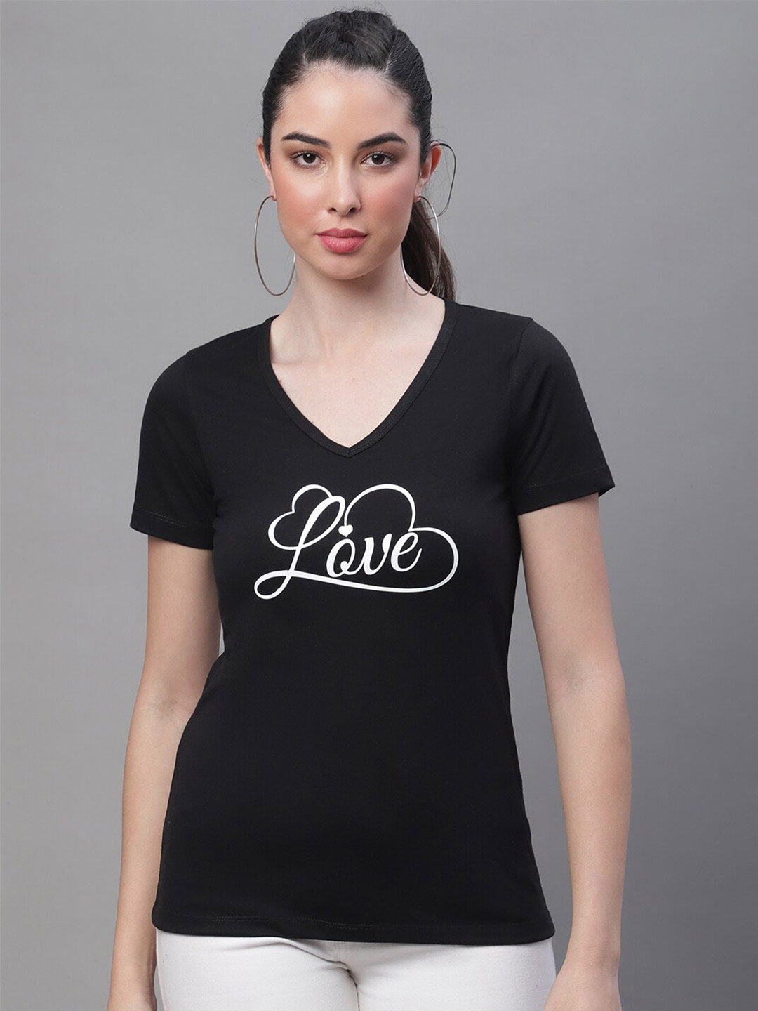 

Rute Typography Printed V-Neck Cotton T-shirt, Black