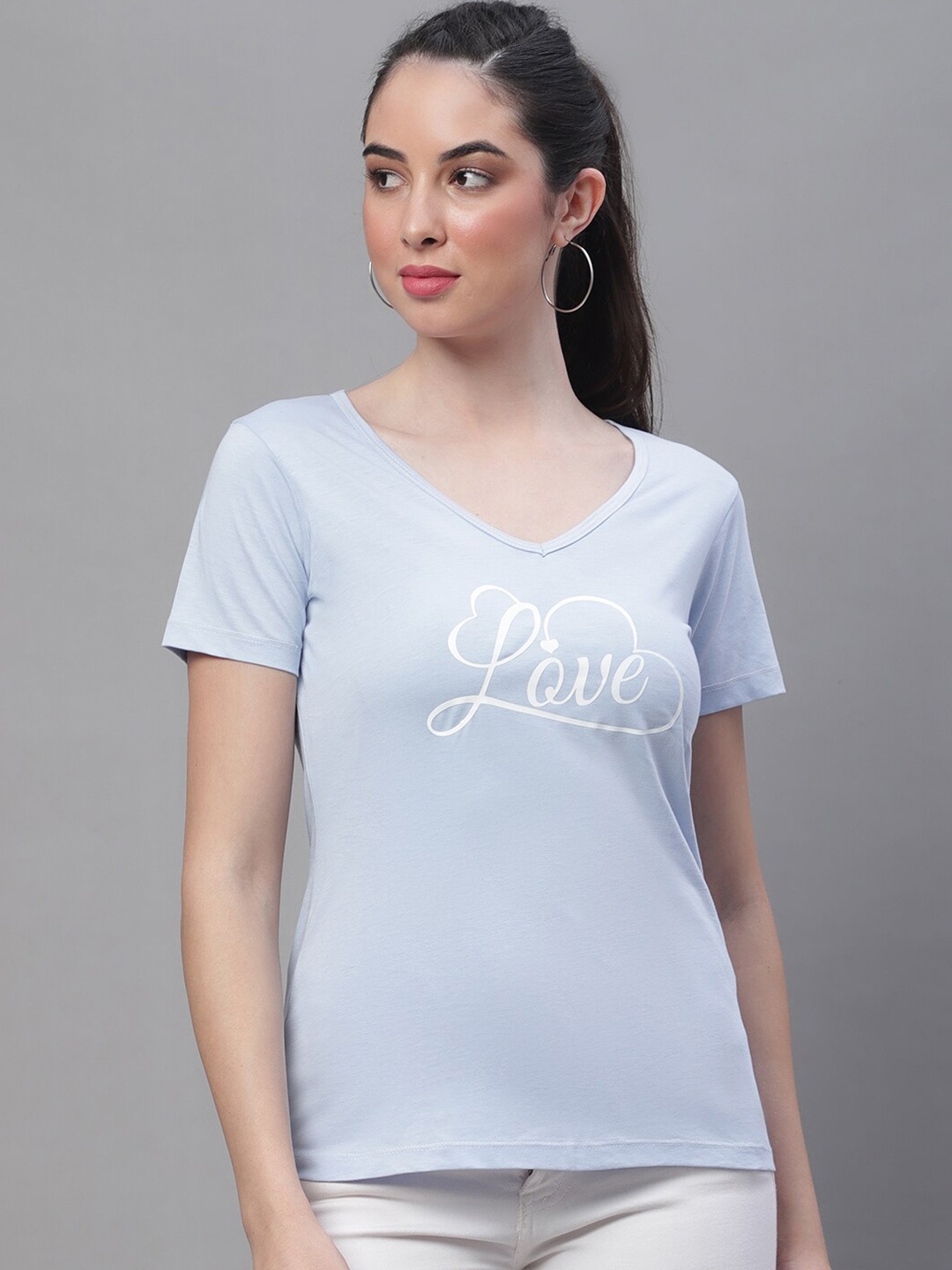 

Rute Typography Printed V-Neck Cotton T-Shirt, Turquoise blue