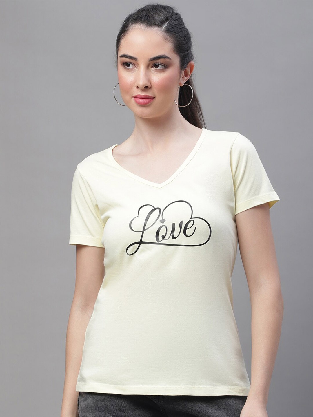 

Rute Typography Printed V-Neck Cotton T-shirt, Yellow