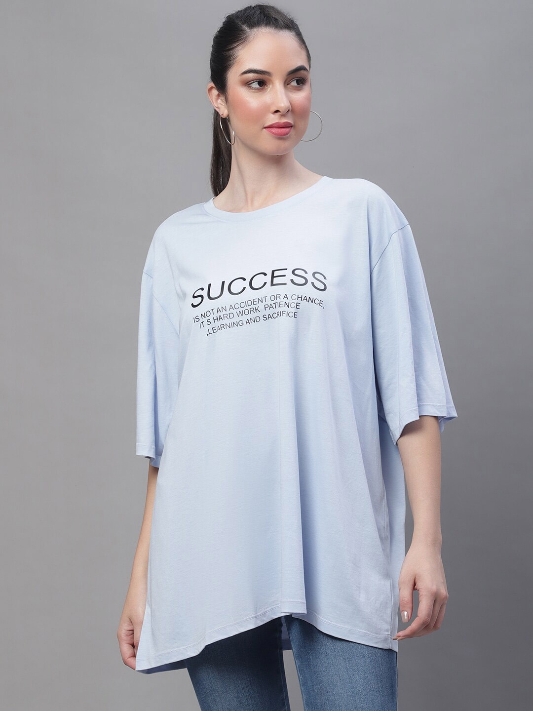 

Rute Round Neck Longline Length Cotton T-Shirt, Blue