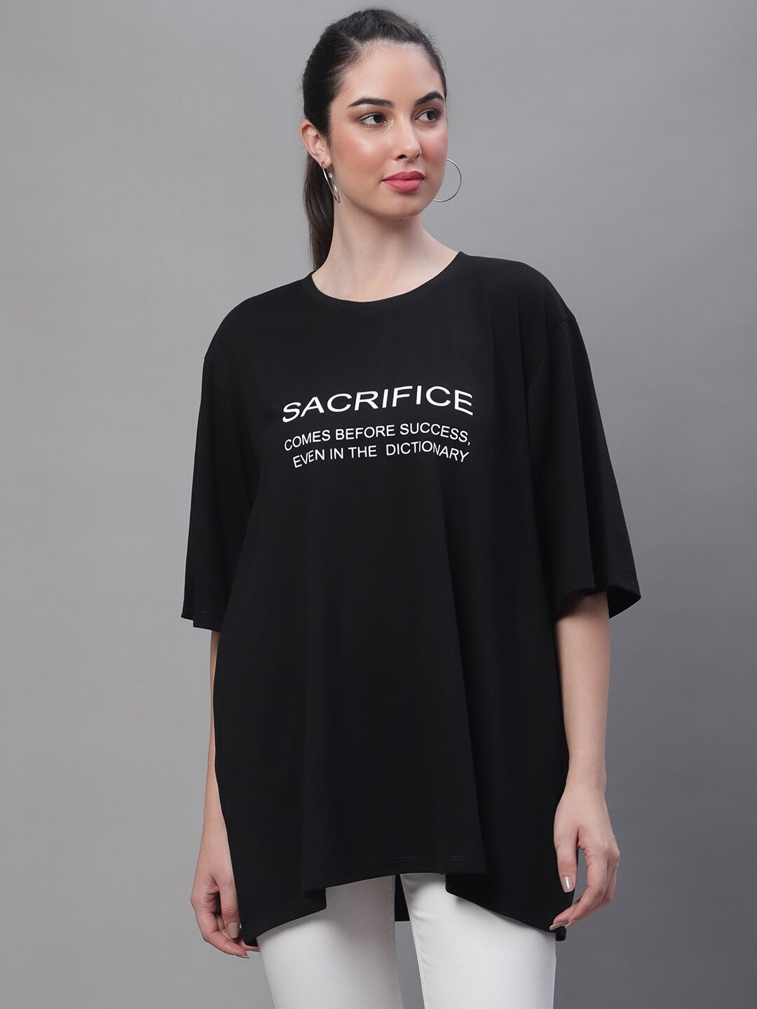 

Rute Typography Printed Drop Shoulder Cotton Loose Fit T-shirt, Black