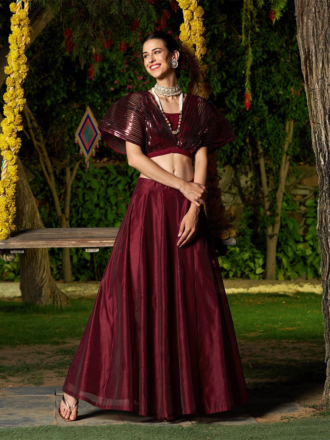 

Shae by SASSAFRAS Embellished Sequinned Ready to Wear Lehenga & Top, Maroon