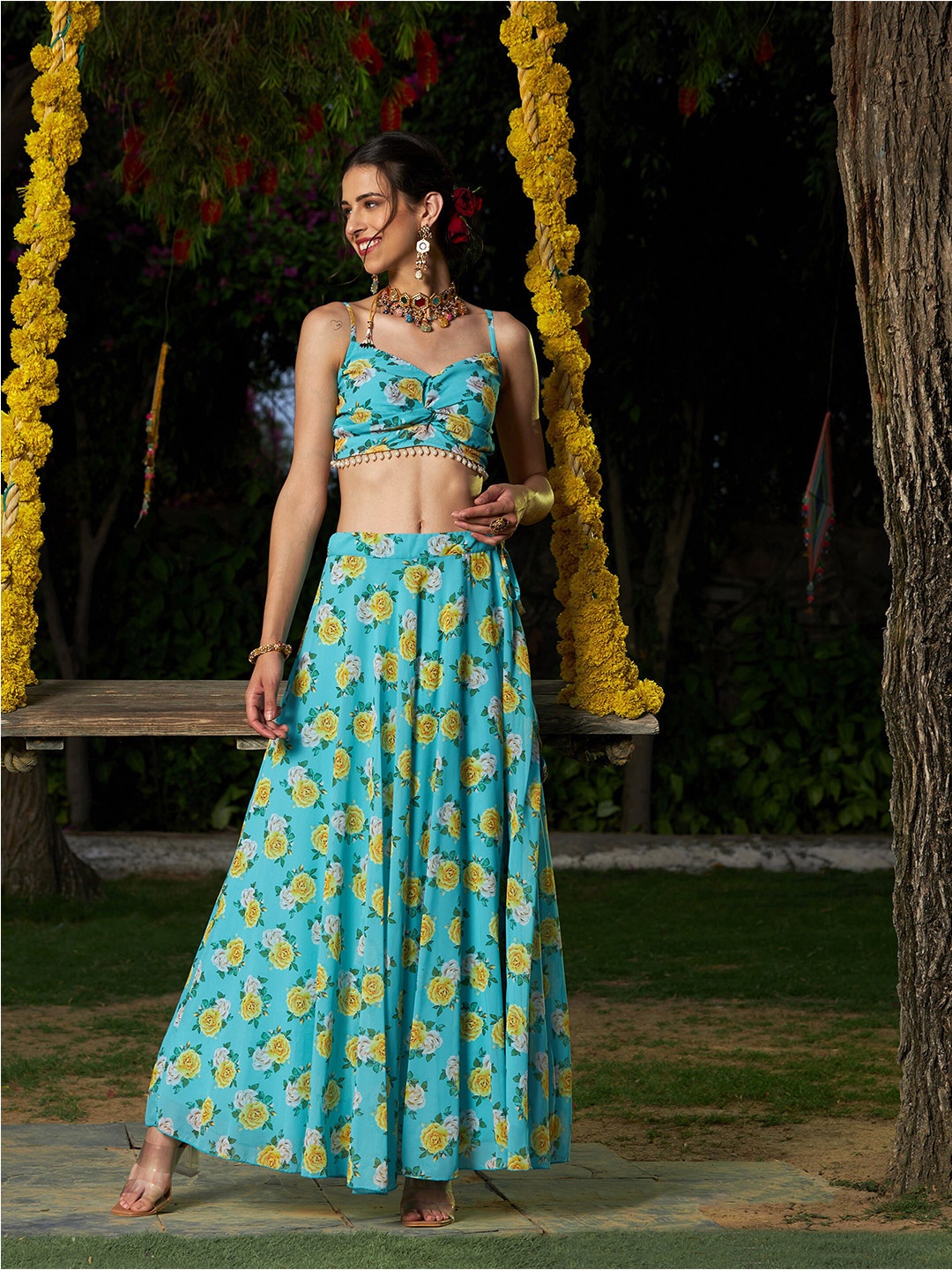 

Shae by SASSAFRAS Printed Ready to Wear Lehenga & Top, Turquoise blue
