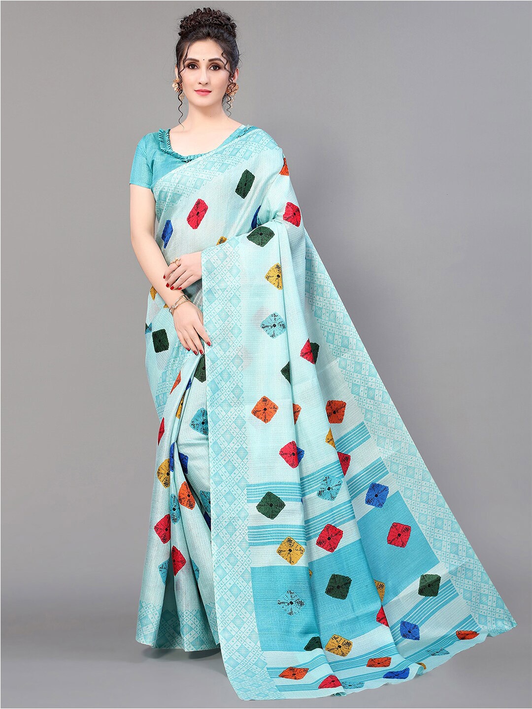 

GORGONE Abstract Printed Saree, Turquoise blue