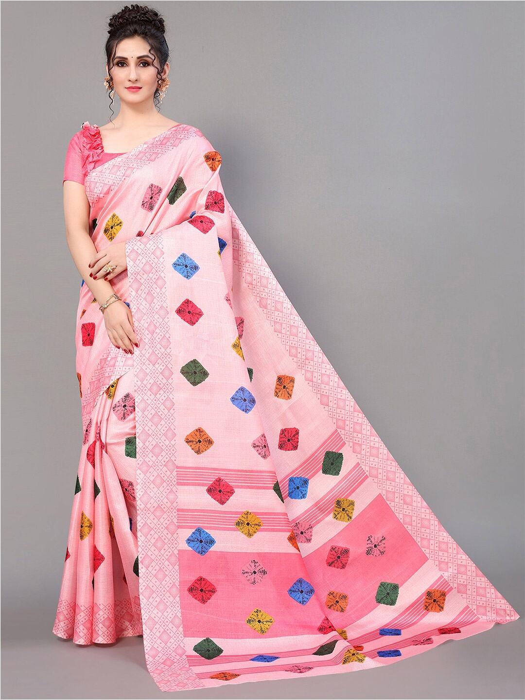 

GORGONE Bandhani Printed Silk Blend Saree, Pink