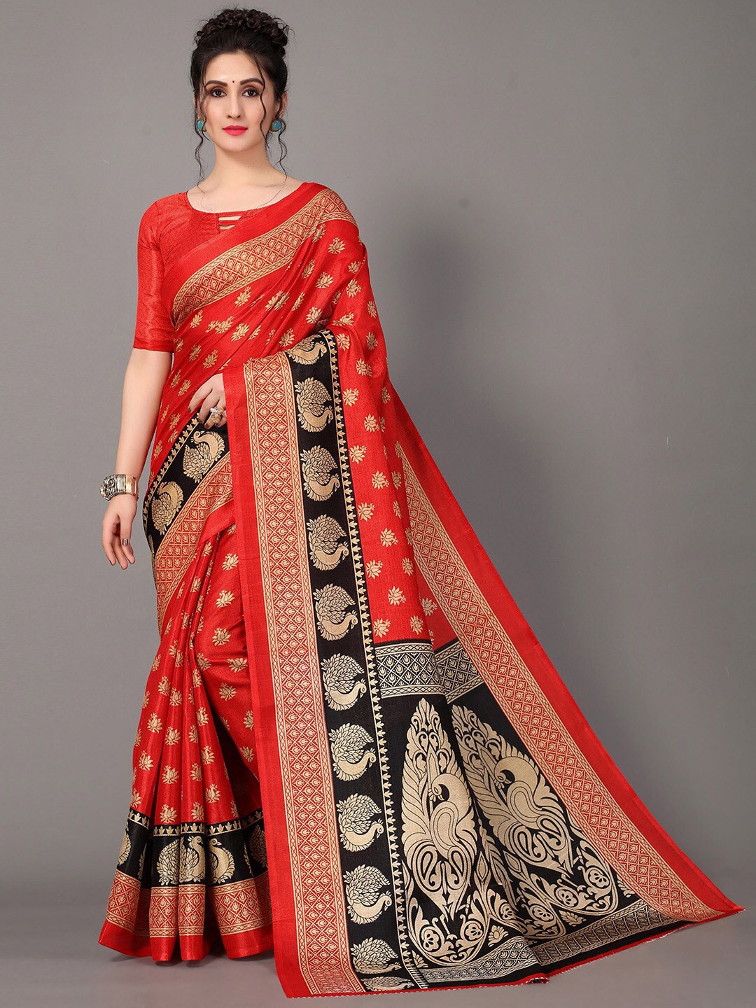 

GORGONE Ethnic Motifs Printed Saree, Red