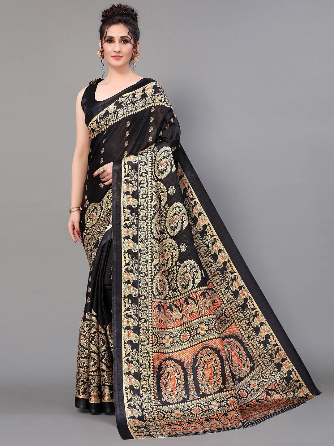 

GORGONE Paisley Printed Saree, Black