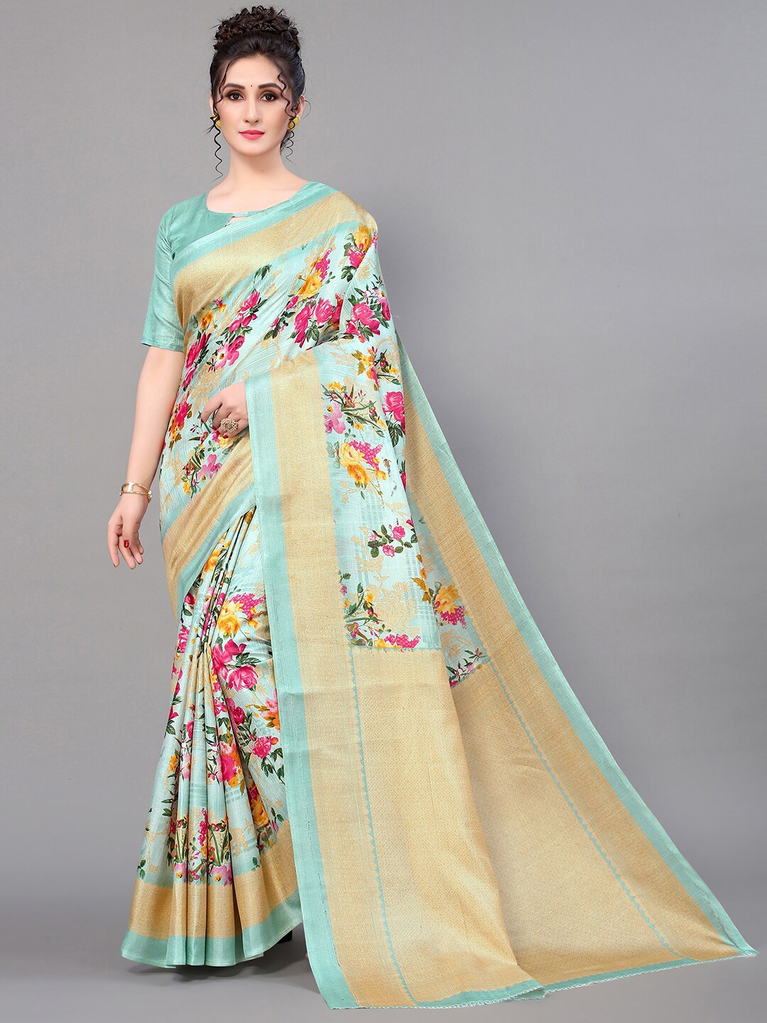

GORGONE Floral Printed Silk Blend Saree, Green