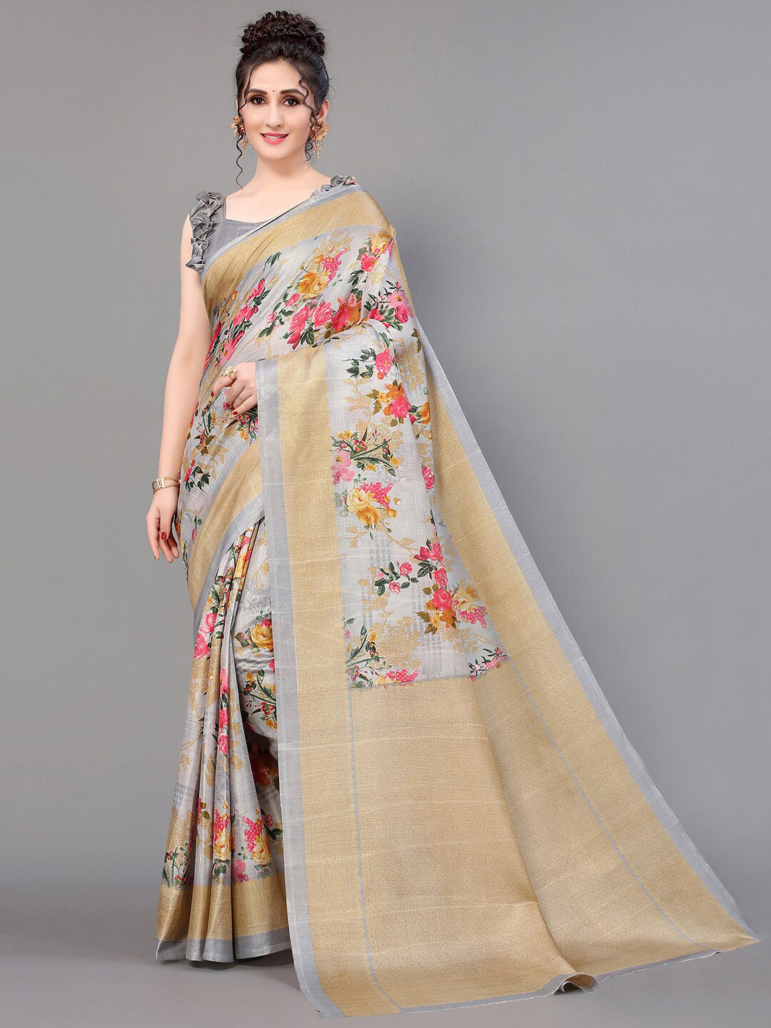 

GORGONE Floral Printed Saree, Grey