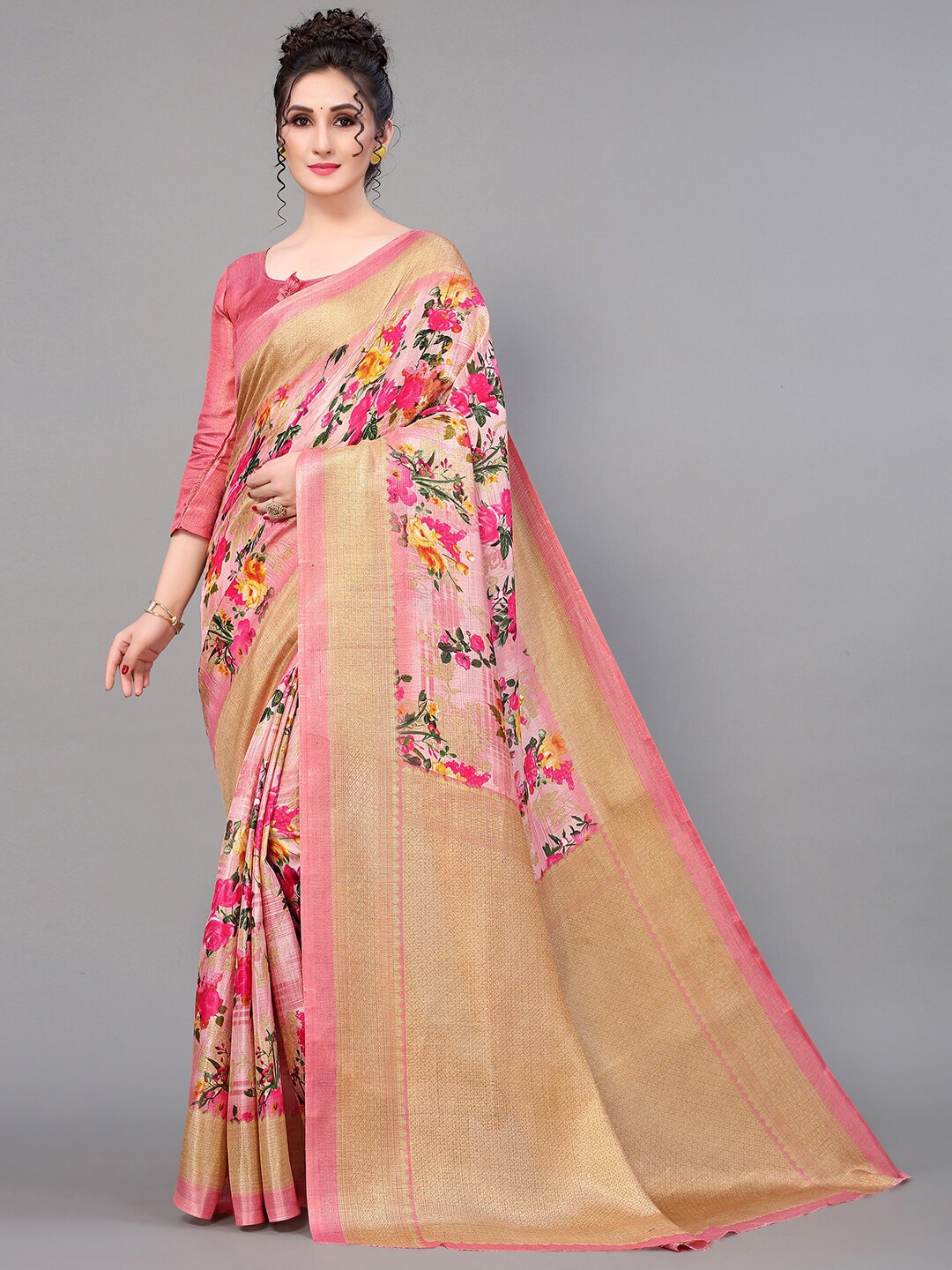 

GORGONE Floral Printed Zari Saree, Pink