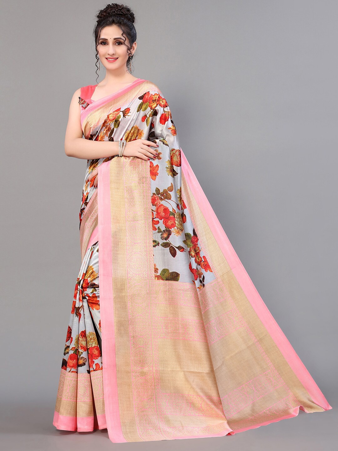 

GORGONE Floral Printed Silk Blend Saree, Pink