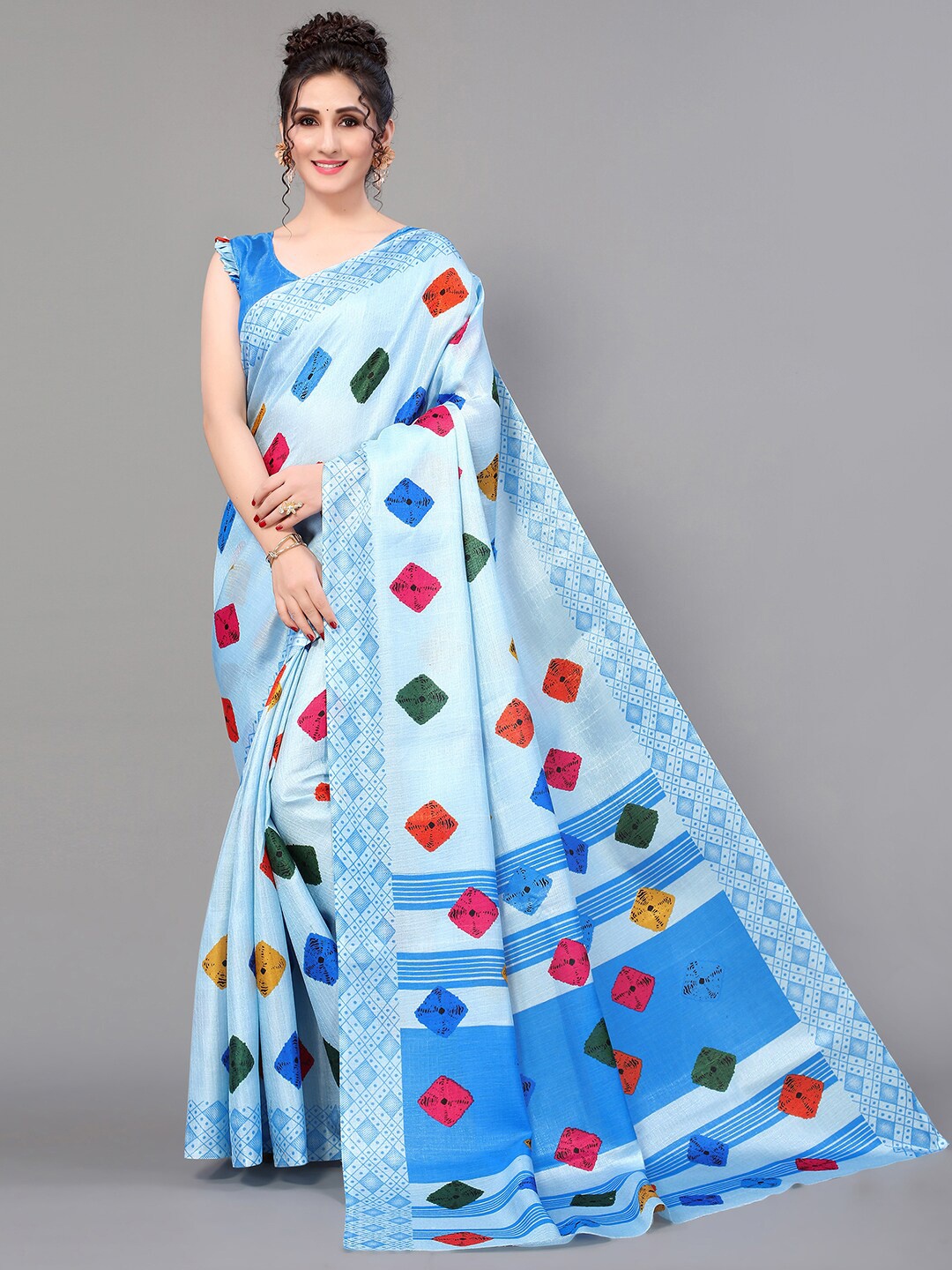 

GORGONE Bandhani Printed Silk Blend Saree, Blue