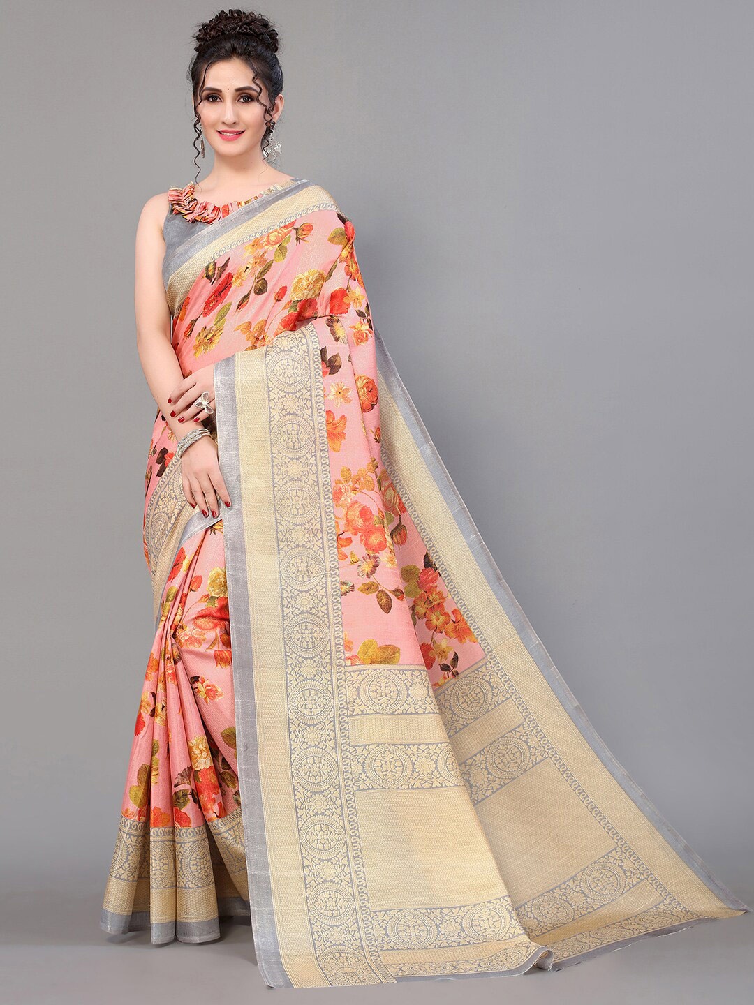 

GORGONE Floral Printed Silk Blend Saree, Grey