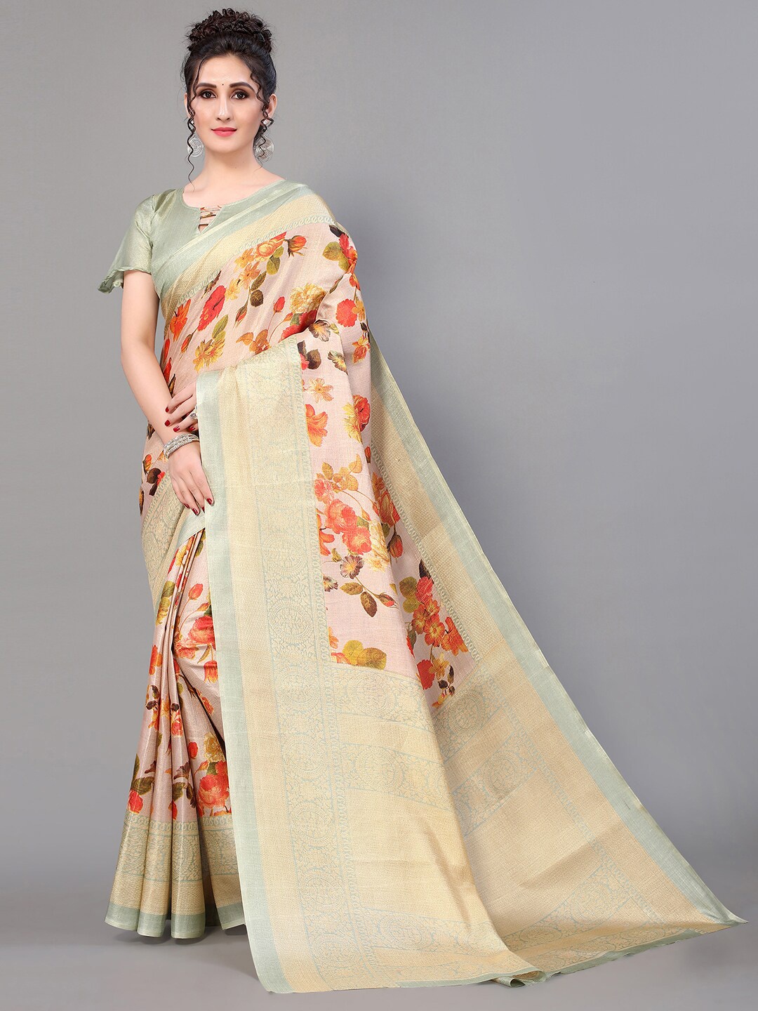 

GORGONE Floral Printed Zari Saree, Peach