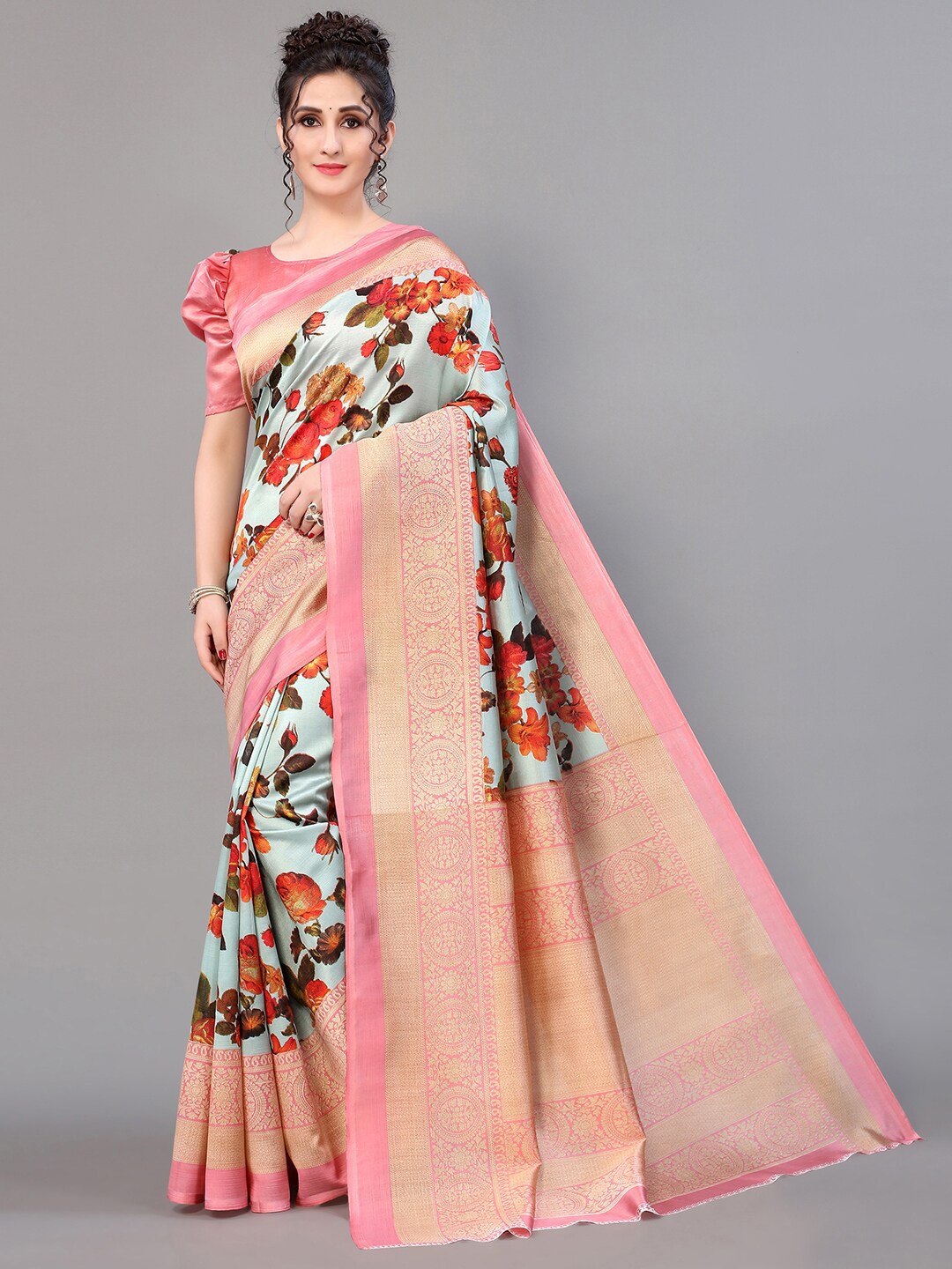 

GORGONE Floral Printed Zari Saree, Peach