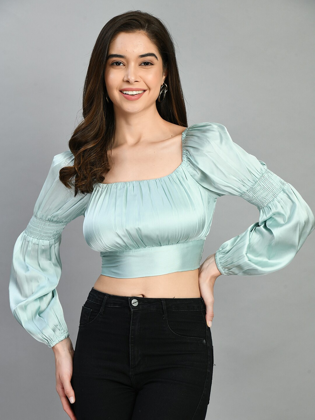 

PRETTY LOVING THING Square Neck Puff Sleeve Waist Tie-Ups Satin Blouson Crop Top, Green