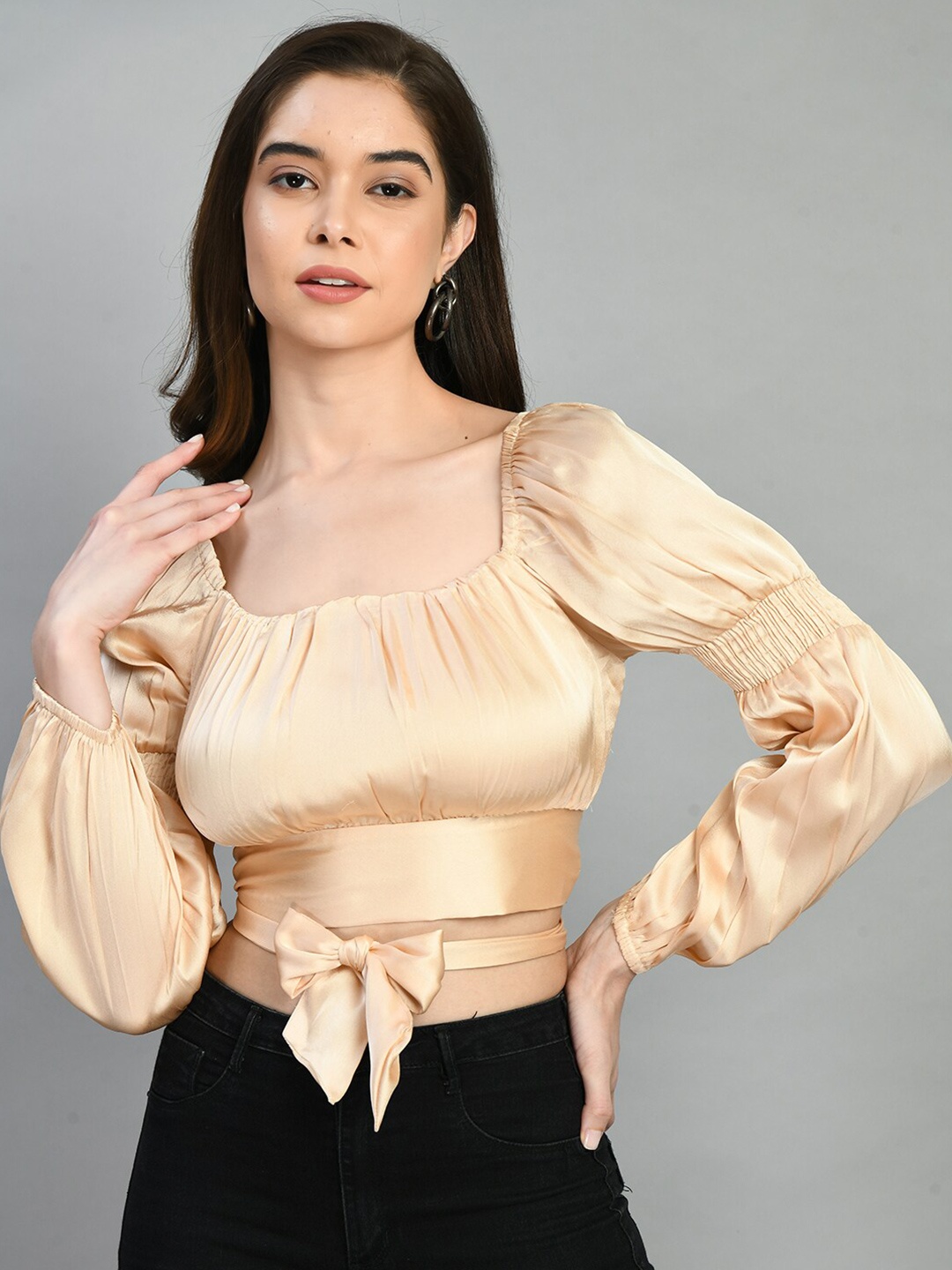 

PRETTY LOVING THING Square Neck Puff Sleeves Waist Tie-Up Crop Top, Gold