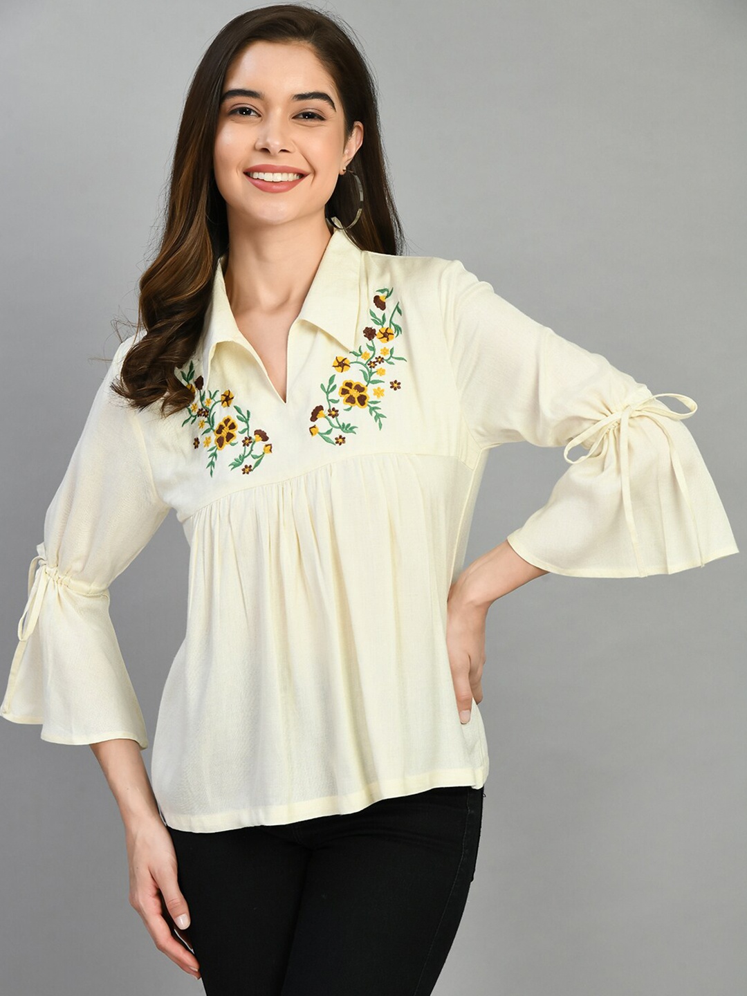 

PRETTY LOVING THING Floral Printed Shirt Collar Bell Sleeves A-line Top, Cream