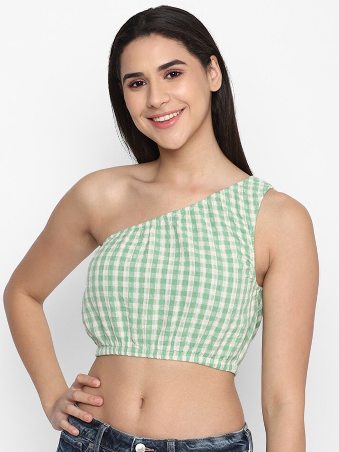 

AMERICAN EAGLE OUTFITTERS Checked One Shoulder Cotton Blouson Crop Top, Green