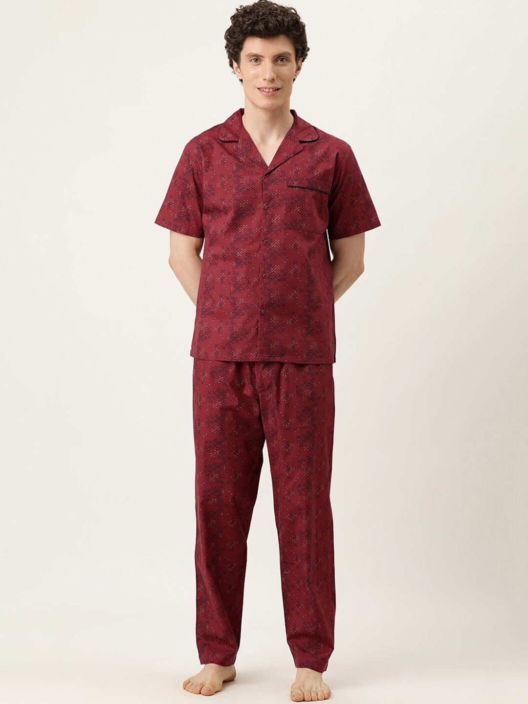

IVOC Geometric Printed Pure Cotton Night Suit, Rust
