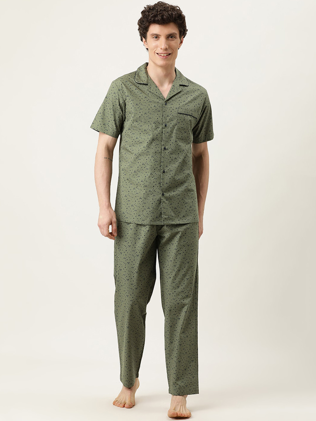 

IVOC Abstract Printed Pure Cotton Night Suit, Olive