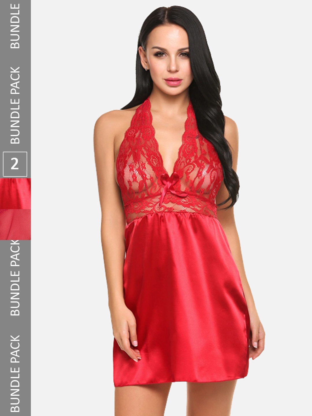 

FIMS Women Pack of 2 Self Design Net Baby Doll, Red