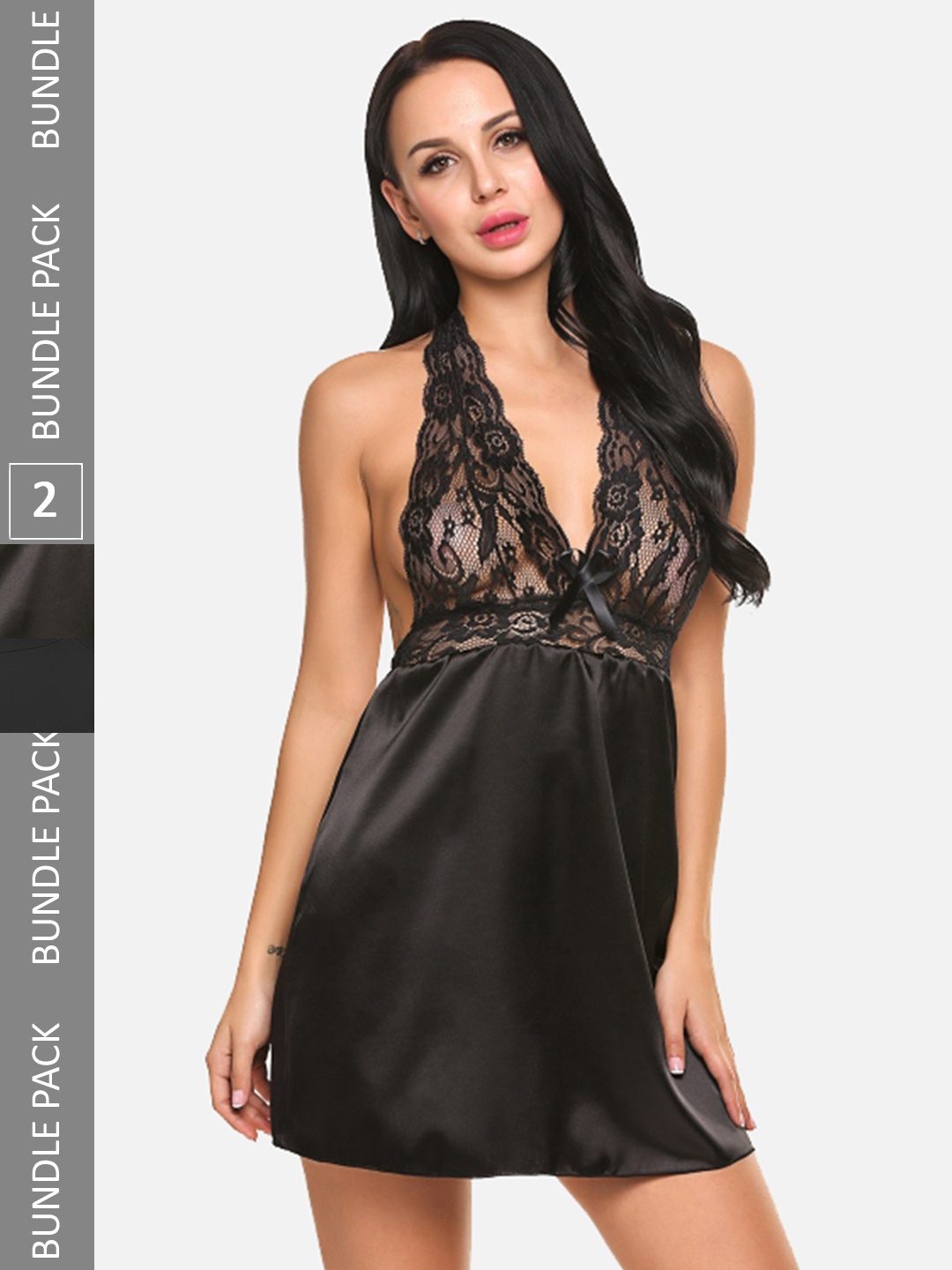 

FIMS Pack of 2 Net Halter Neck Baby Doll, Black