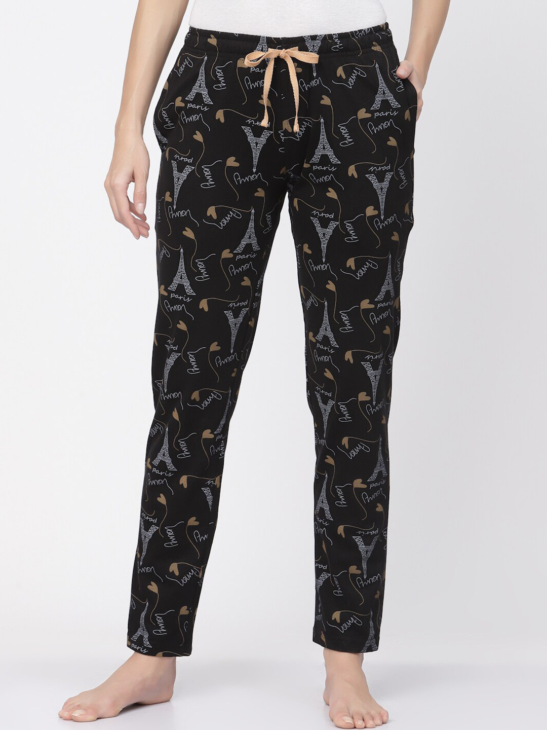 

Sweet Dreams Women Pure Cotton Printed Lounge Pants, Black