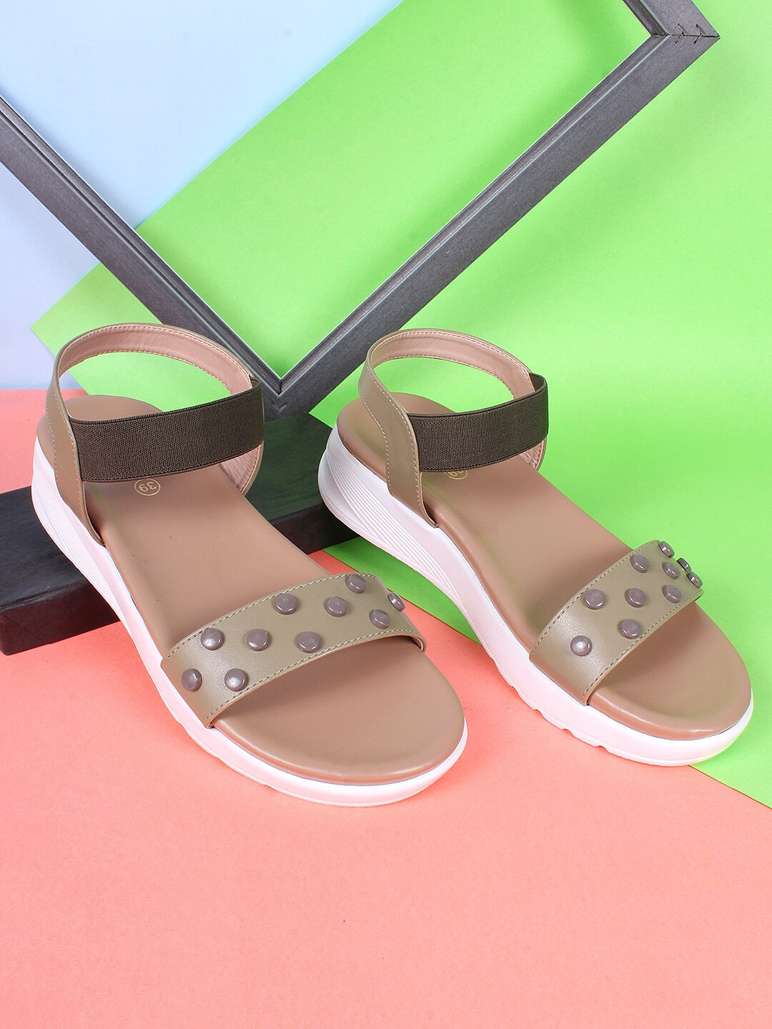 

The Roadster Co. Olive Green and White Studded Air Max Comfort Heels